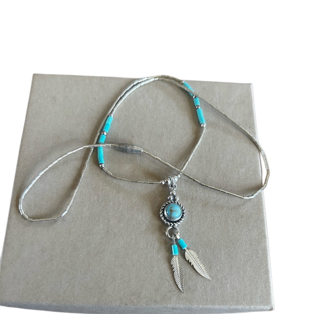 Turquoise and Silver Feather Charm Necklace